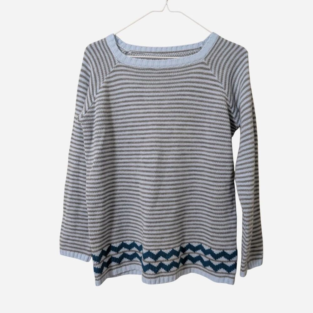 Coastal Grandma Striped Pullover Jumper • Light Blue & Gray Knit ⛵